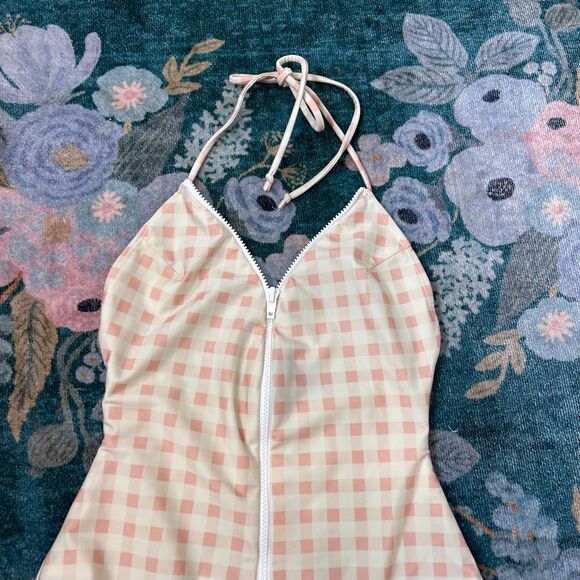 For Love And Lemons Bonnie One Piece Swimsuit Zip Up Small Pink Gingham Halter S - Picture 10 of 16